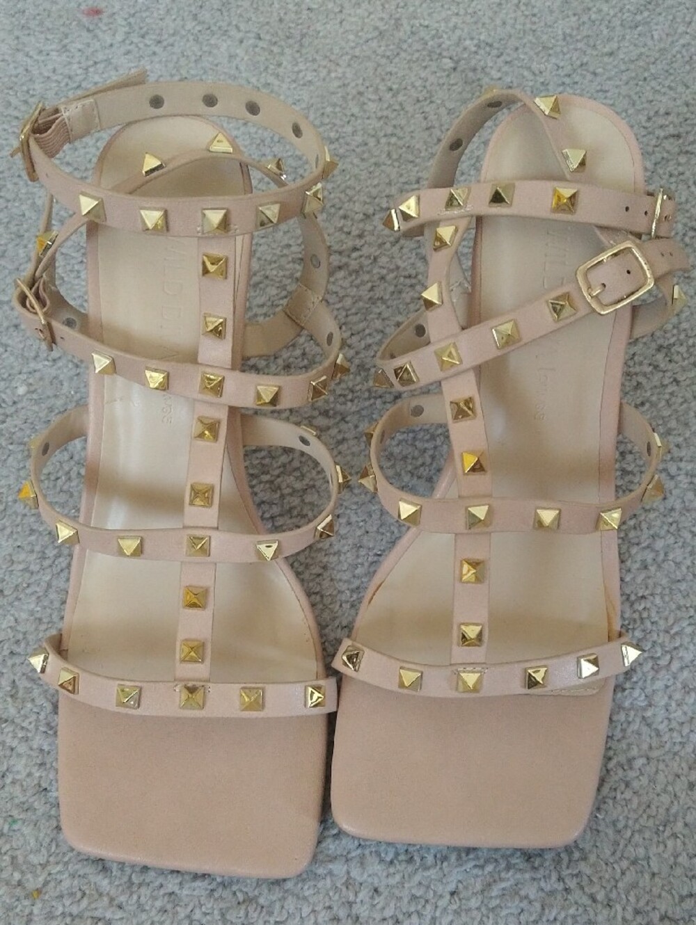 Beige Gold Studded Nude Strappy High Heel Sandals - Women